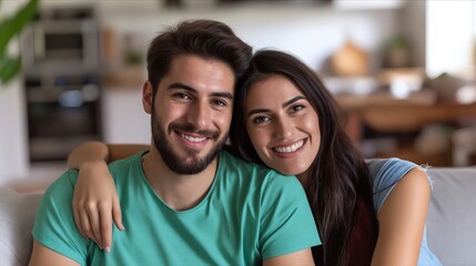 Fototapeta premium A man and woman smiling while sitting on a couch.
