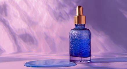 Naklejka premium Blue Bottle With Gold Top on Purple Background
