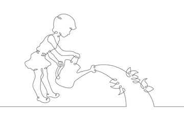 A small child waters a plant from a watering can. The child takes care of the plants. Environment. Vegetable garden.One continuous line. Line art. Minimum one line. White background. One line drawing.