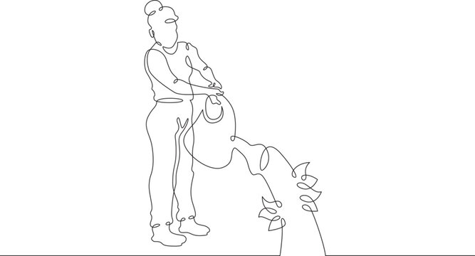 A small child waters a plant from a watering can. The child takes care of the plants. Environment. Vegetable garden.One continuous line. Line art. Minimum one line. White background. One line drawing.