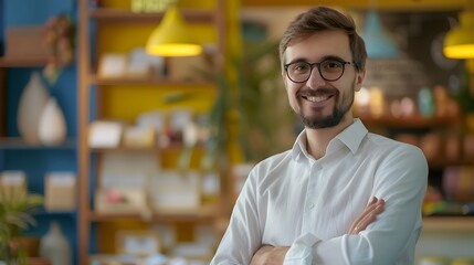 Fototapeta premium Portrait of Determined Young Manager Overseeing in Modern Business Environment