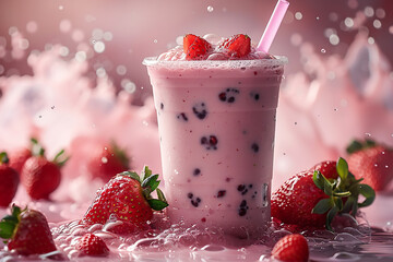 Pouring a glass of healthy strawberry boba or bubble tea with fresh fruit and tapioca pearls falling into the glass with a splash