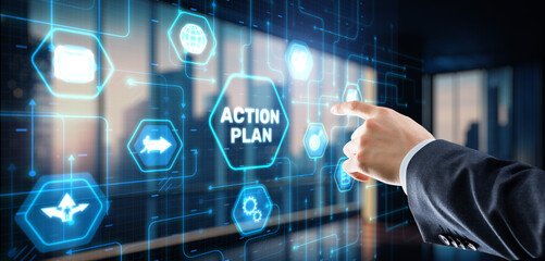 Businessman clicks action plan. Algorithm and strategy development business