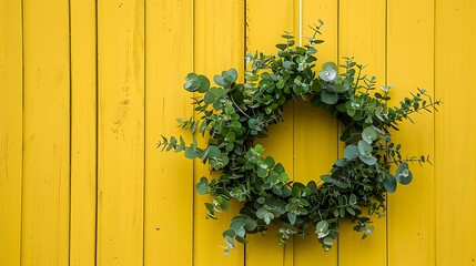 Hanging on yellow wood front door is displayed an easter wreath made of green foliage