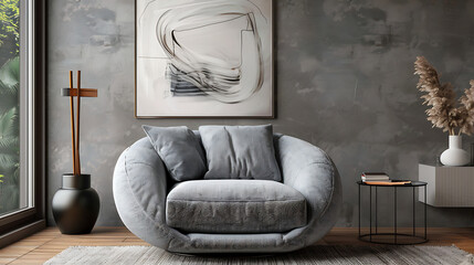 Gray Cozy Chair by Stucco Wall. Boho Style in Modern Living Room. Grey Cozy Chair Against Stucco Wall. Boho Home Style in Modern Living Room