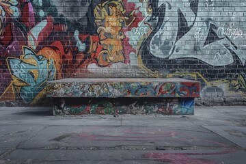 A graffiti covered wall with a bench in the middle generated by AI