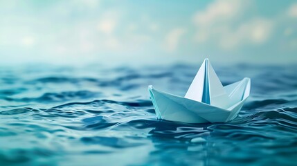 Origami boat sailing in blue ocean
