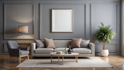 Living Room Frame Mockup – White Border Frame: A contemporary living room with a white border frame on a gray wall, suitable for clean and elegant artwork.
