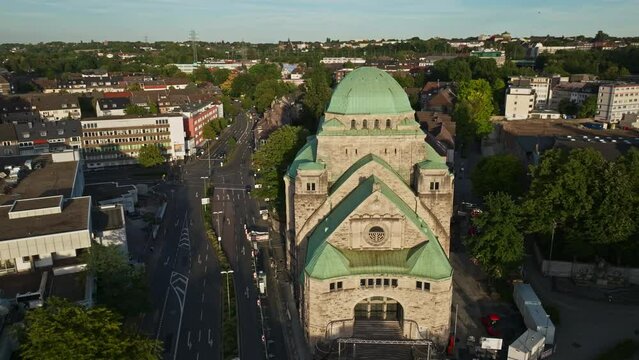 Aerial drone view of Alte Synagoge in Essen , Germany . The Old Synagogue in Essen is one of the largest, best preserved and architecturally most impressive testimonies to Jewish culture .