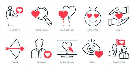 A set of 10 love and romance icons as give love, search love, heart balloons