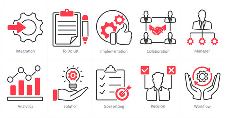 A set of 10 project management icons as integration, to do list, implementation