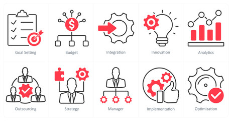 A set of 10 project management icons as goal setting, budget, integration