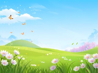 Fototapeta premium spring meadow with flowers and butterflies