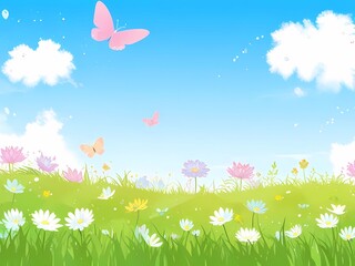 spring meadow with flowers and butterflies