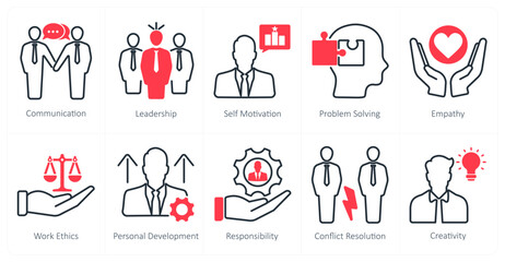 A set of 10 soft skills icons as communication, leadership, self motivation