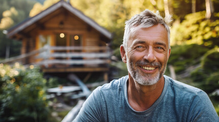 Fototapeta premium Portrait of a happy mature male in a nature retreat for a weekend , caucasian man in front of his forest cabin cottage house