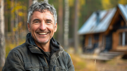 Portrait of a happy mature male in a nature retreat for a weekend , caucasian man in front of his forest cabin cottage house - Powered by Adobe