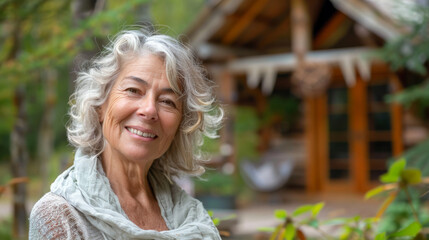 Portrait of a happy mature female in a nature retreat for a weekend , caucasian woman in front of her forest cabin cottage house - Powered by Adobe