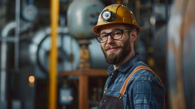 Proud Blue Collar Worker in Industrial Setting Demonstrating Expertise and Determination