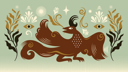 Fototapeta premium vector illustration of Fiction birds, heraldic style, illustration on the theme of mythology and symbolism, folk art, animalistic ornament 