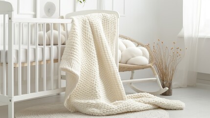 Cozy white nursery with crib and knitted blanket on a sunny afternoon.