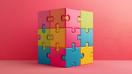 Jigsaw puzzle cube on pink background