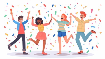 Happy cartoon people having fun at birthday party flat illustration. Concept of friends characters celebrating holiday isolated on white. Collection of smiling festive man and woman in confetti