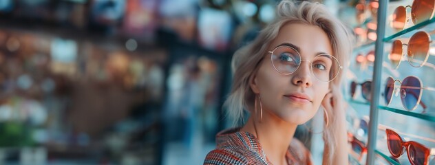 A smiling blond woman tries on glasses, standing in front of a display of various eyeglass frames in an optometry shop. A girl wants to self-expression and vision enhancement. Banner with copy space