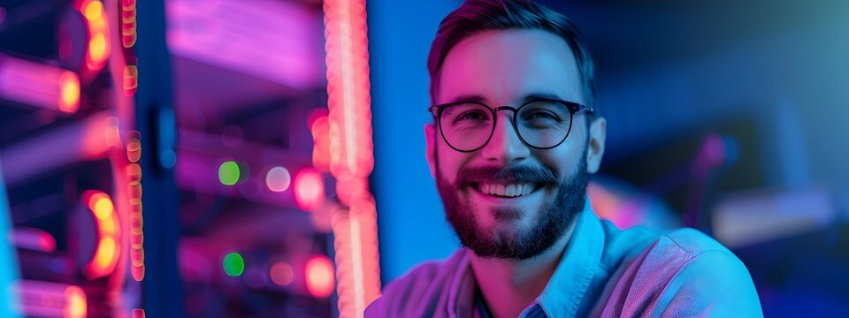 Smiling Network Administrator Working in Colorful Office Environment