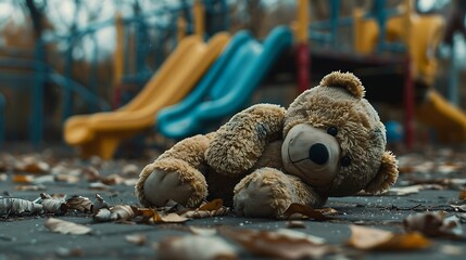 Lost teddy bear toy lying don on playground floor in gloomy day lonely and sad brown bear doll lied down alone in the park