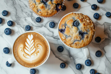 Close-up of a cup of coffee and blueberry muffins on marble background.