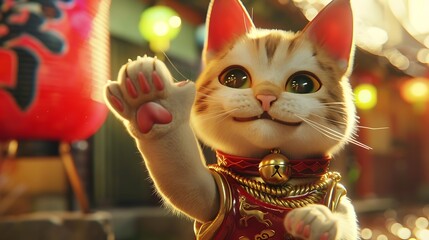 Maneki neko cat waving with paw close up