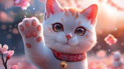 Maneki neko cat waving with paw close up
