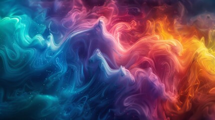 Obraz premium Ethereal Dreamy Light Painting with Colorful Ink and Rainbow Core. Glowing Shadows on a Rainbow Background Depicting Vibrant Waves for Illustration, Advertising, web Design, and Graphic Needs.
