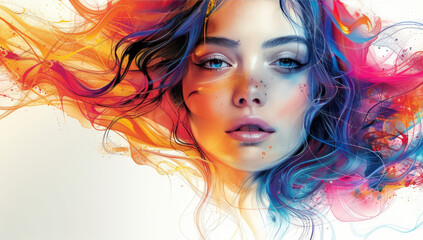 Beautiful woman with colorful hair, in the style of digital art, white background. Created with Ai
