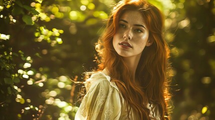A woman with red hair standing in the woods.