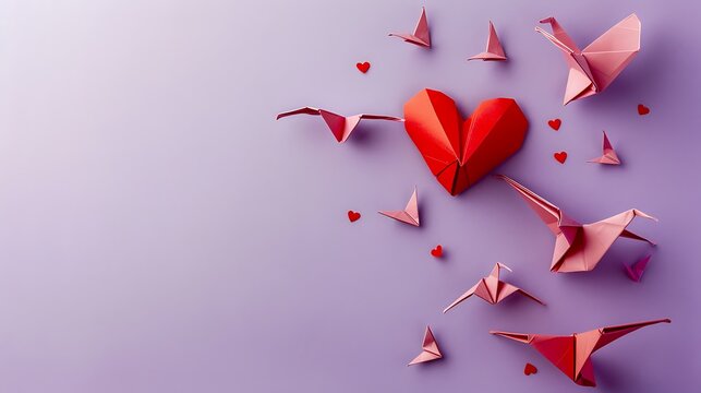 Pink birds and red heart of origami on purple background - Powered by Adobe