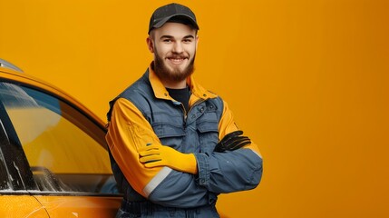 Smiling Skilled Technician in Workwear Poses with Confidence on Vibrant Background