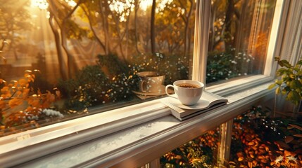   A cup of coffee sits atop a window sill, alongside a book and another cup of coffee - Powered by Adobe