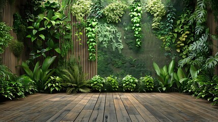Plants wall and parquet floor green background