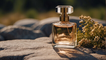 Transparent perfume bottle on rock. daytime sunlight shines on bottle. luxury fragrance mockup product in square and round shape.
