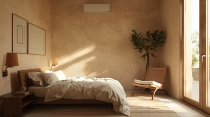 The bedroom has a spacious bed and a big window for natural light