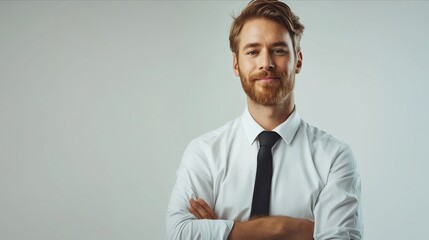A man with a beard and a tie standing with his arms crossed.
