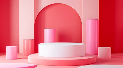 White podium with pink props in pink and red background
