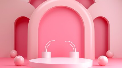 Obraz premium White podium with pink props in pink and red background