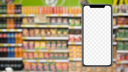 blurred shopping background image There is a phone mockup placed in the center for advertising. or...