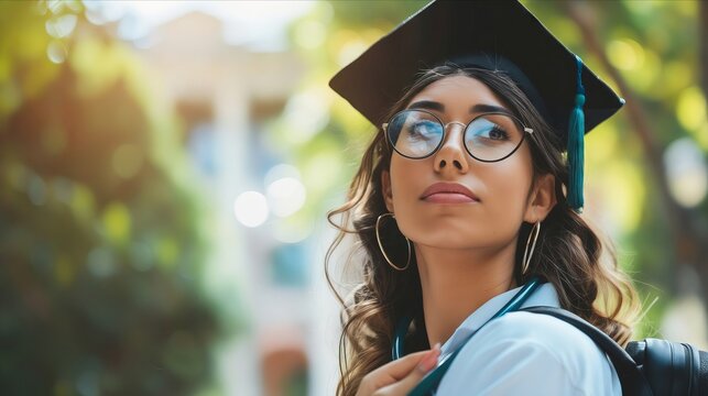A woman in graduation gown and glasses looking up.