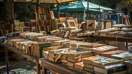 Outdoor market stall with diverse old book covers and genres, enticing book lovers to discover hidden gems.