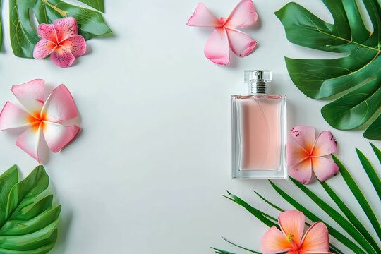 A bottle of light pink perfume surrounded by tropical flowers on a white background, free space