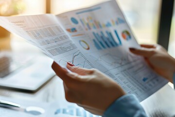 Fototapeta premium A close-up of hands holding a detailed financial document with intricate charts, set against an elegant office background with sharp, realistic lighting